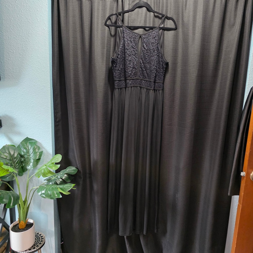 NWT Candalite Womens Black Glitter Lace Keyhole Halter Maxi Dress‎ Size Large